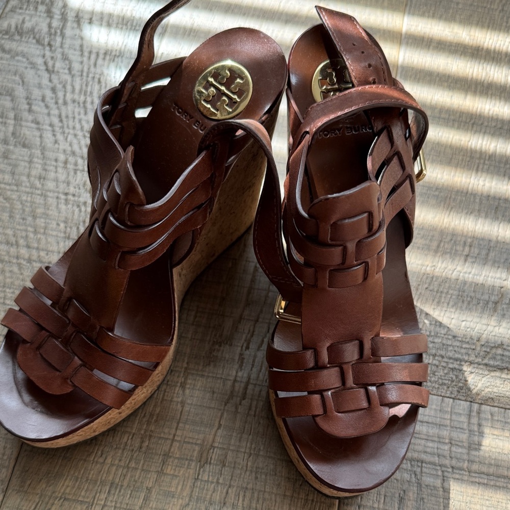 Tory Burch Chocolate Leather Wedge Sandals